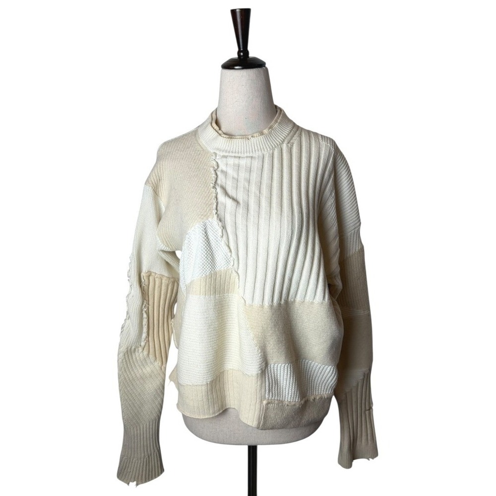 Helmut Lang Sweater Women Small Ivory Military Grunge‎ Patchwork Wool Cashmere - Picture 2 of 9